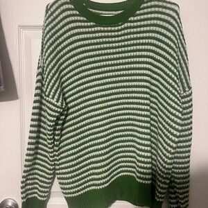 Green and White Striped Women’s Sweater - Classic Crewneck